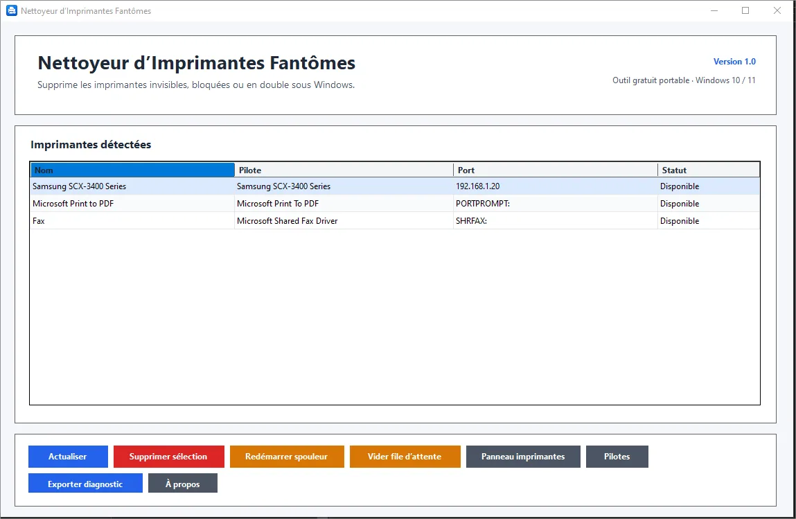 Interface Nettoyeur d'Imprimantes Fantômes — liste des imprimantes et boutons d'action